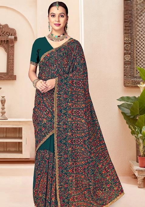 Teal Blue Embroidery Georgette Saree Set