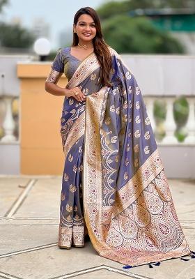 Grey Woven Silk Saree Set