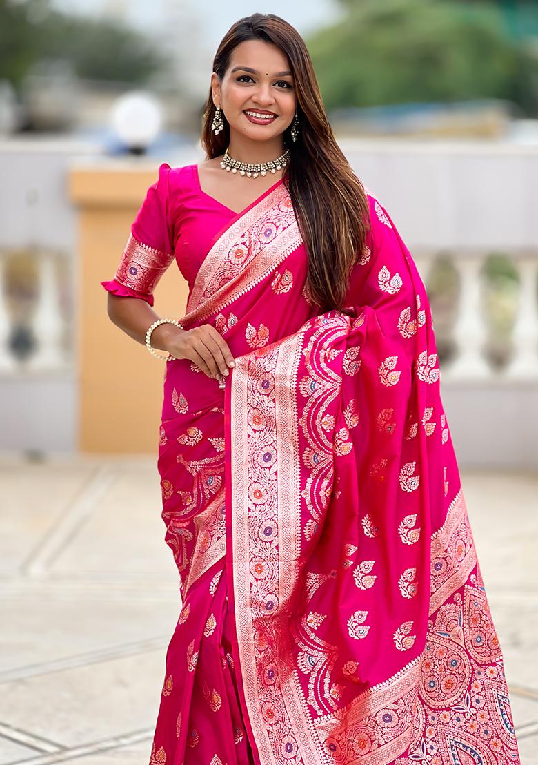 Pink Woven Silk Saree Set - Indya