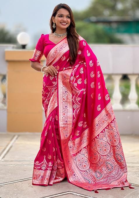 Pink Woven Silk Saree Set