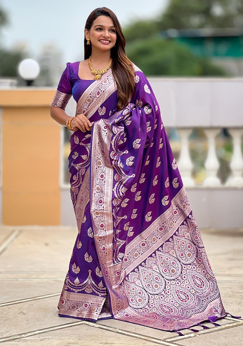 Purple Woven Silk Saree Set - Indya