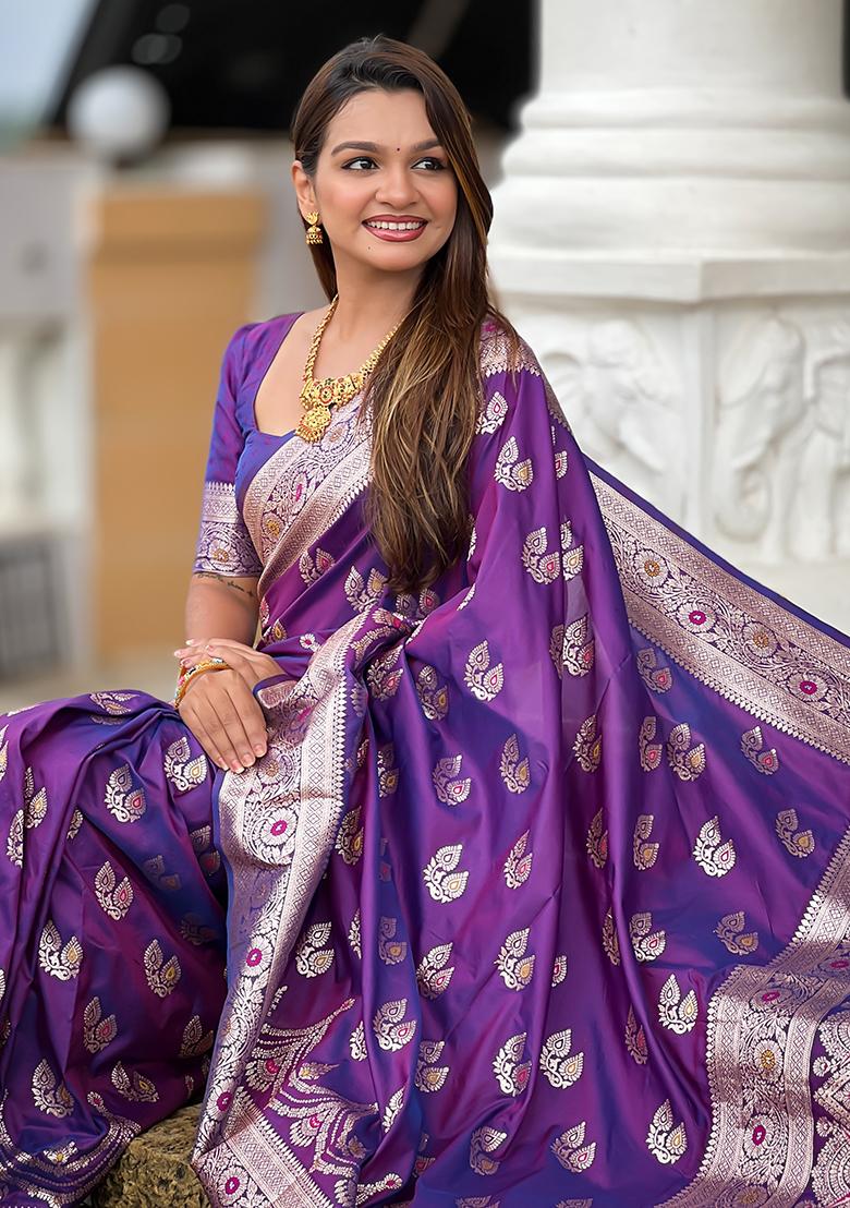Purple Woven Silk Saree Set - Indya