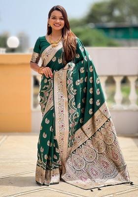 Green Woven Silk Saree Set