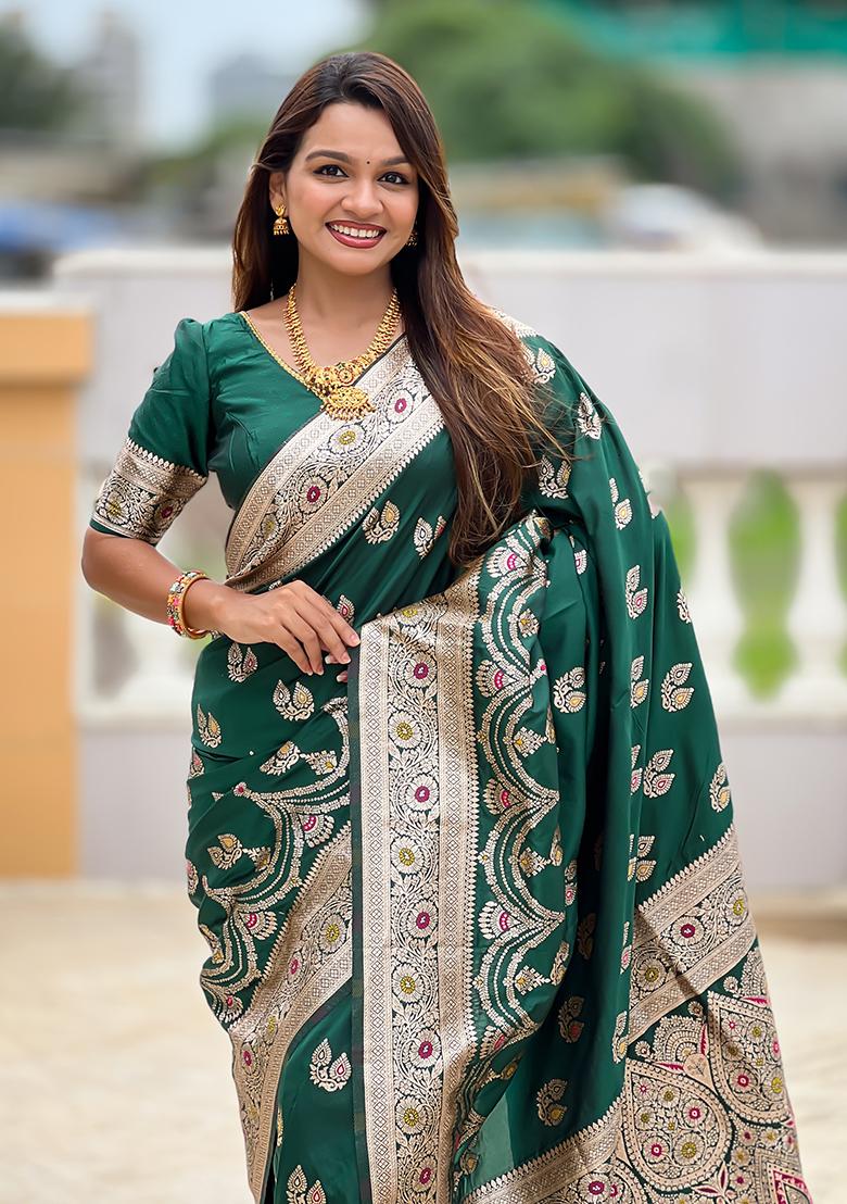Green Woven Silk Saree Set - Indya