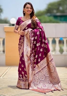 Wine Woven Silk Saree Set