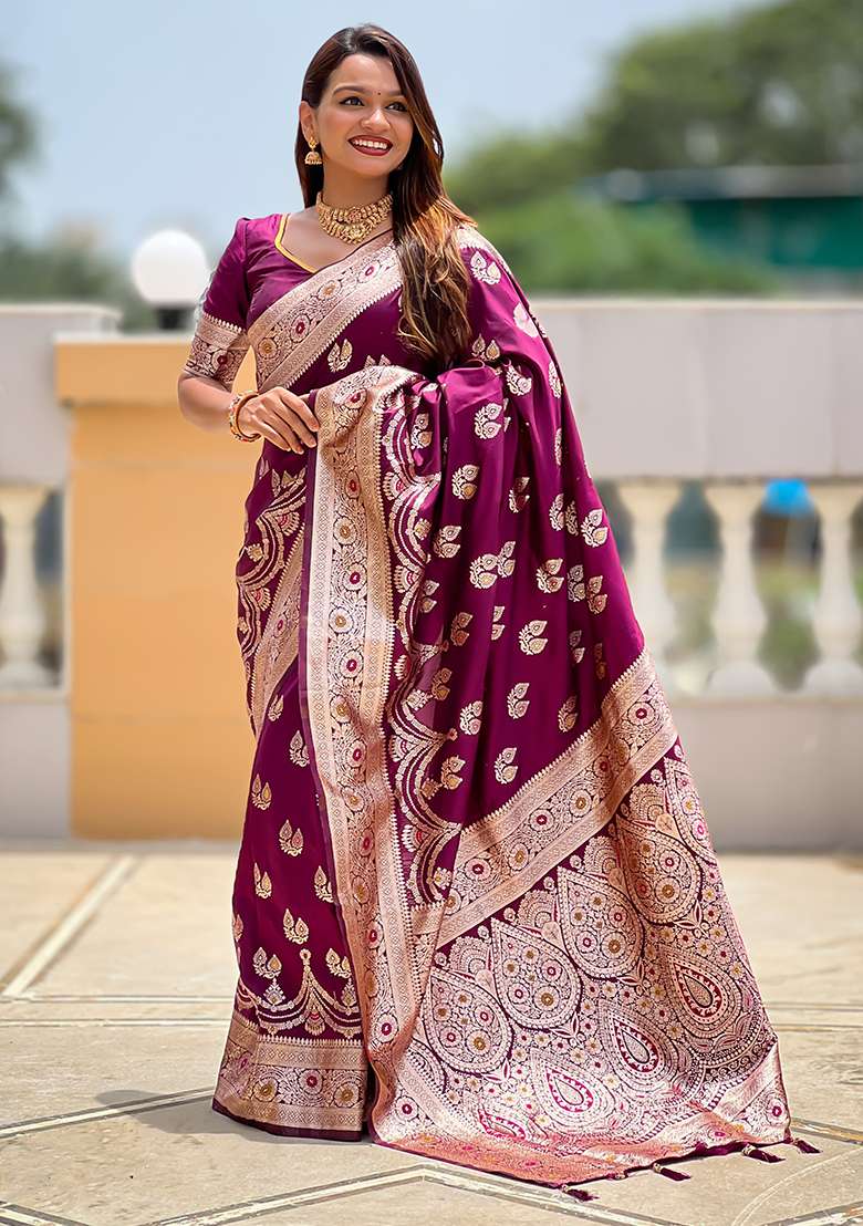 Wine Woven Silk Blend Saree Set for Diwali and Festive Wear - Indya