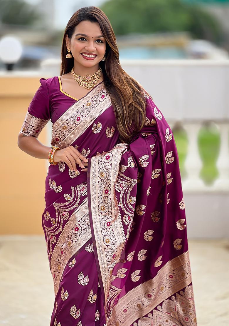 Wine Woven Silk Saree Set - Indya