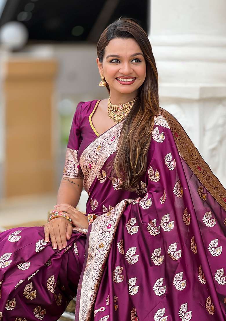 Wine Woven Silk Blend Saree Set for Diwali and Festive Wear - Indya