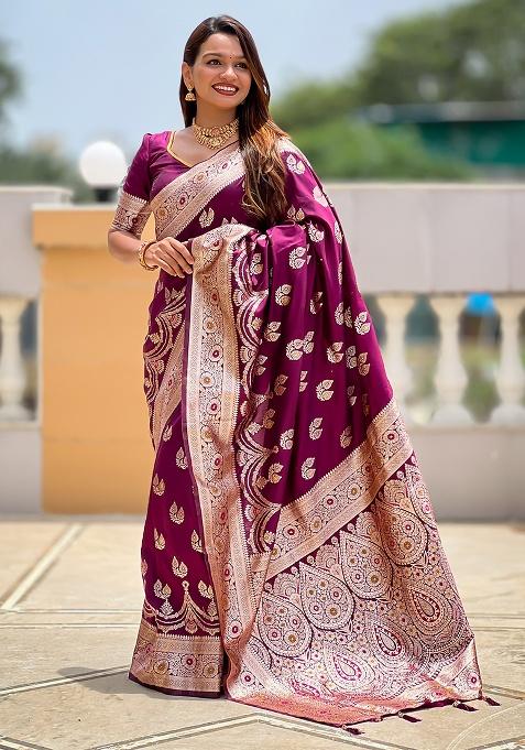 Wine Woven Silk Saree Set