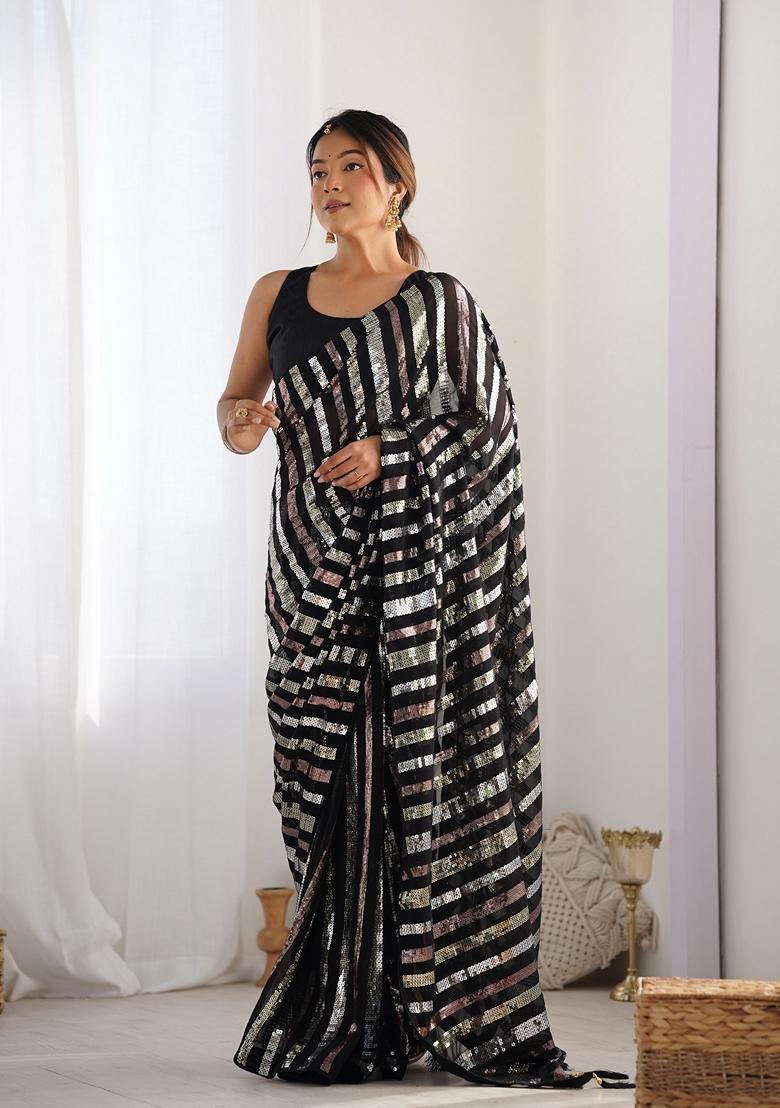 Black Embellished Georgette Saree Set - Indya