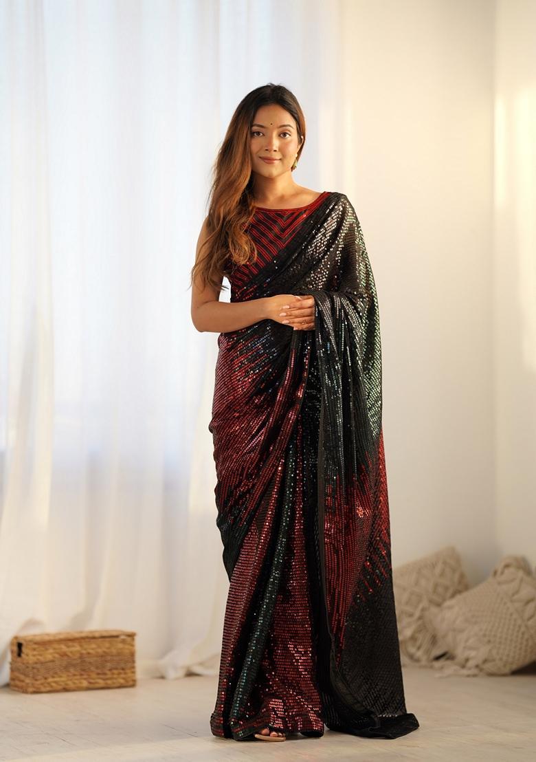 Red Embellished Georgette Saree Set - Indya