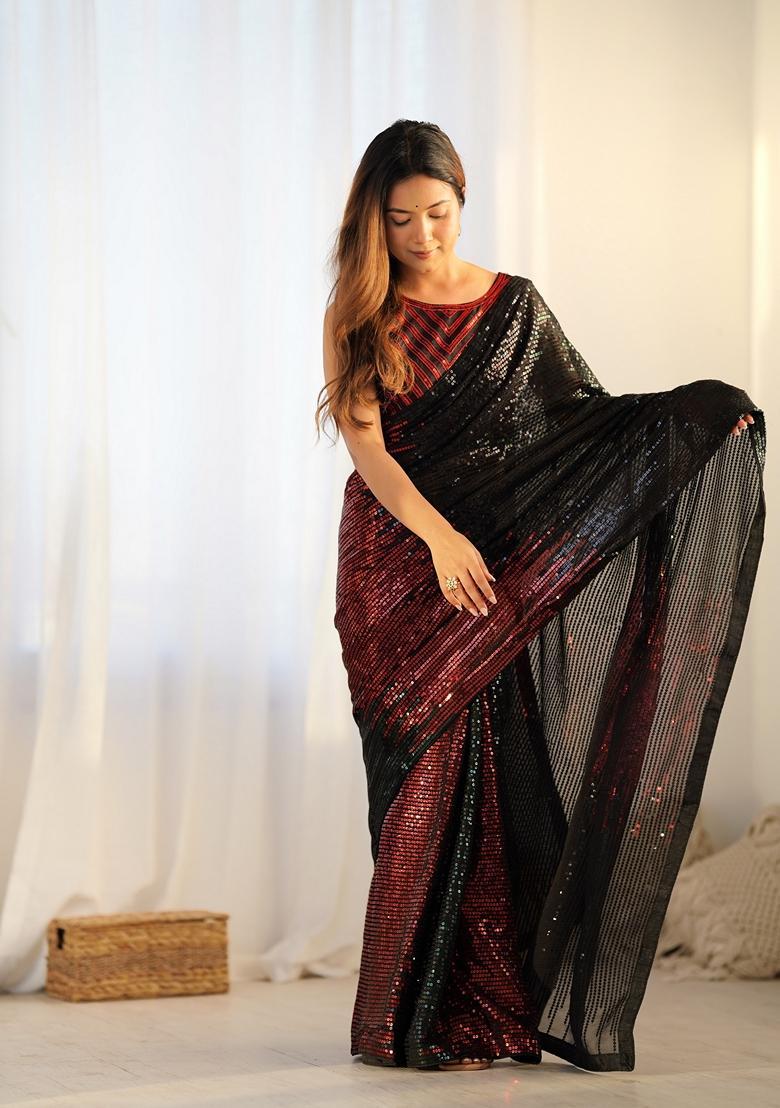 Red Embellished Georgette Saree Set - Indya