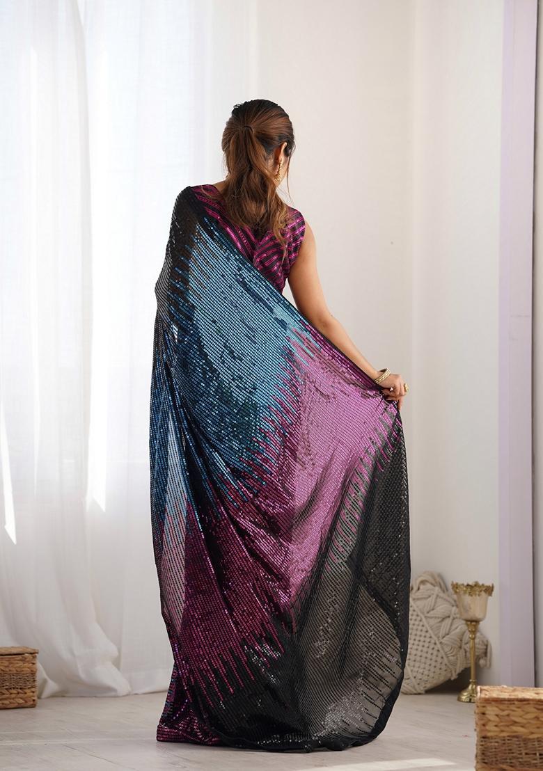 Wine Embellished Georgette Saree Set - Indya