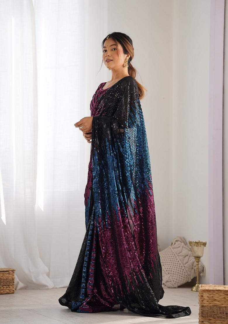 Wine Embellished Georgette Saree Set - Indya