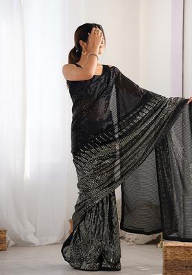 Black Embellished Georgette Saree Set