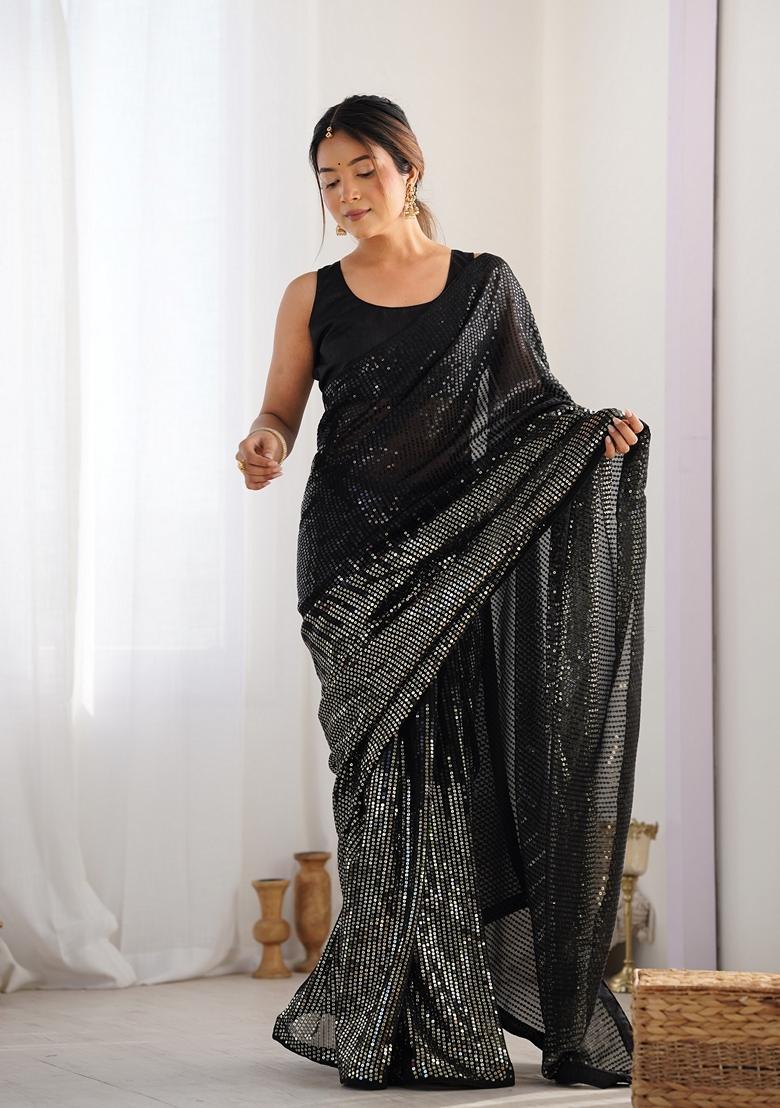 Black Embellished Georgette Saree Set - Indya