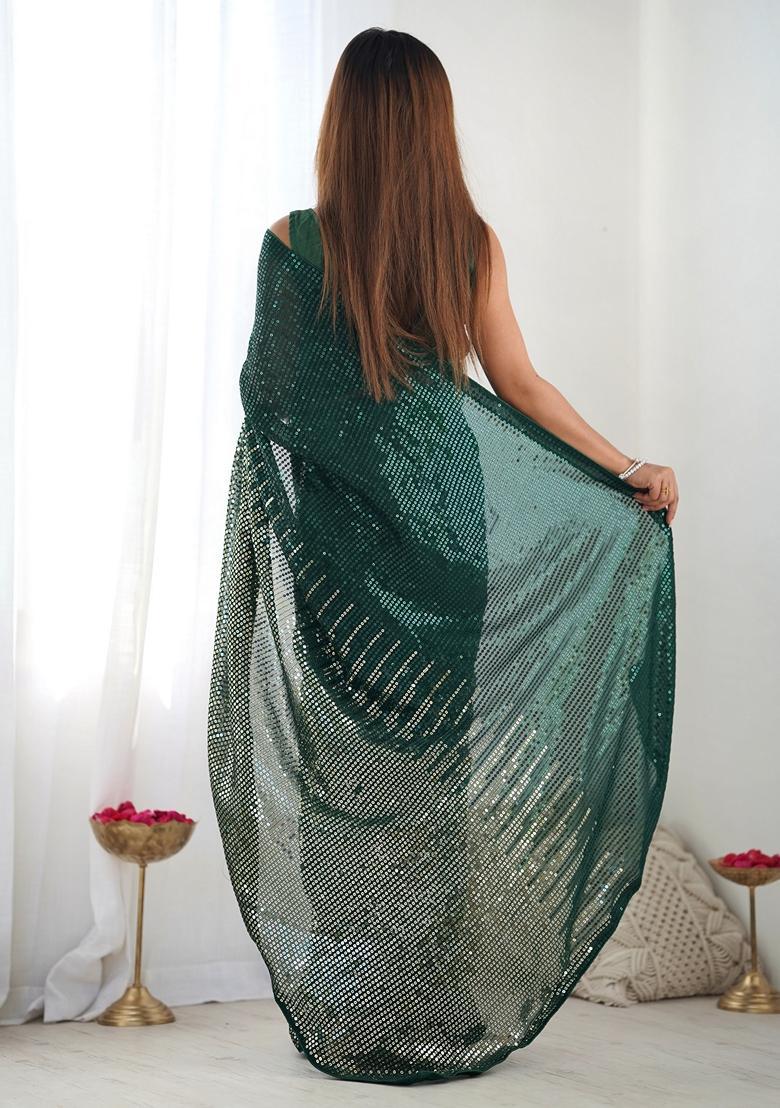 Green Embellished Georgette Saree Set - Indya