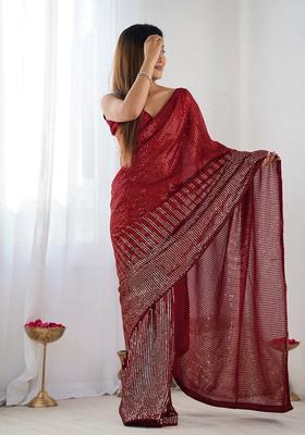 Red Embellished Georgette Saree Set