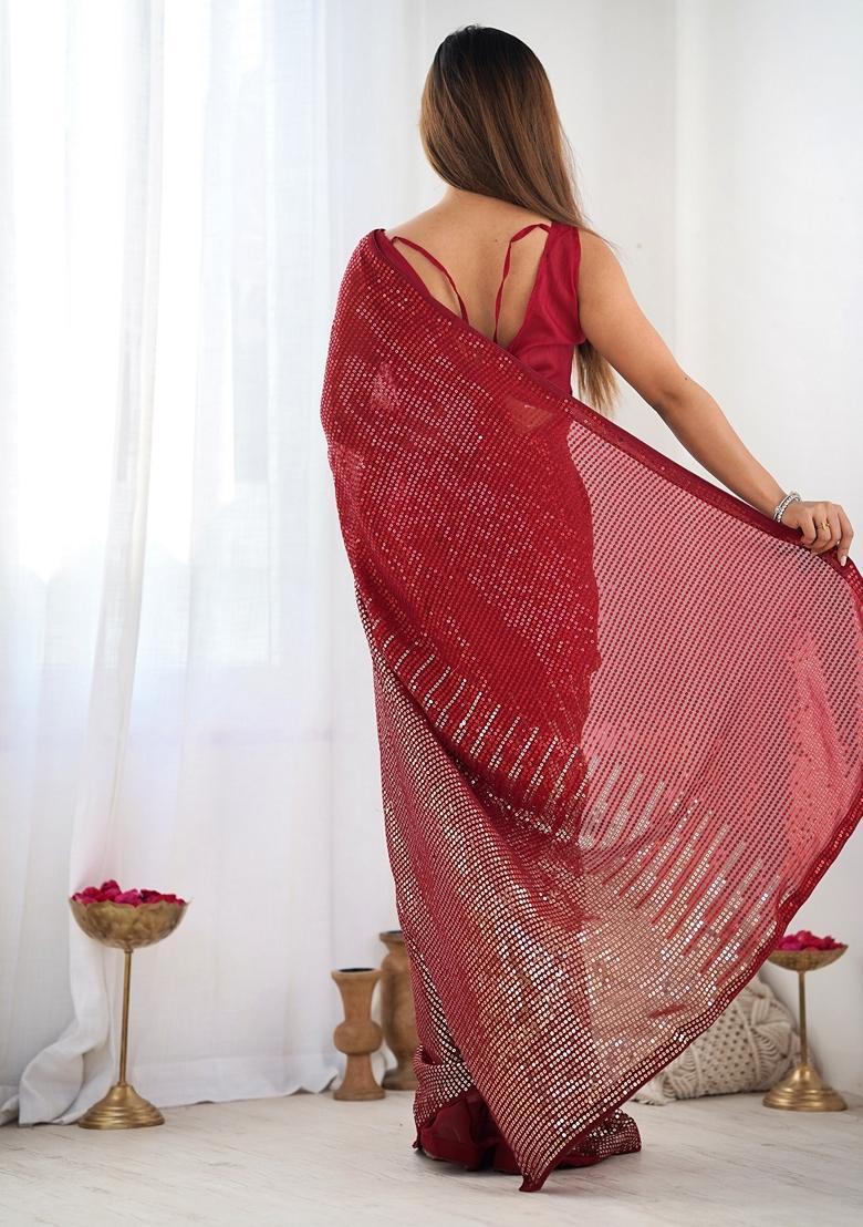 Red Embellished Georgette Saree Set - Indya