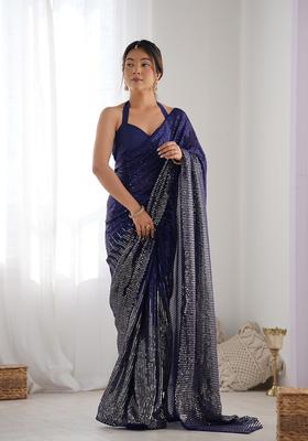 Blue Embellished Georgette Saree Set