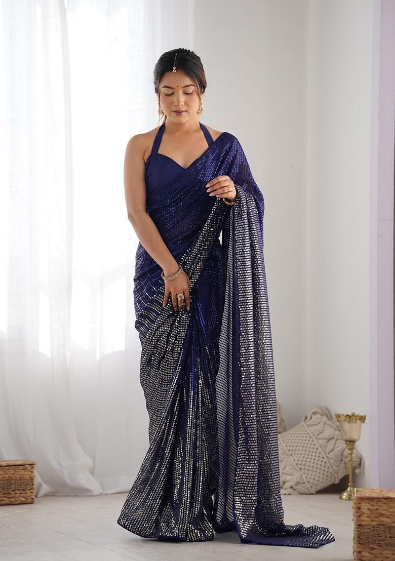 Blue Embellished Georgette Saree Set - Indya