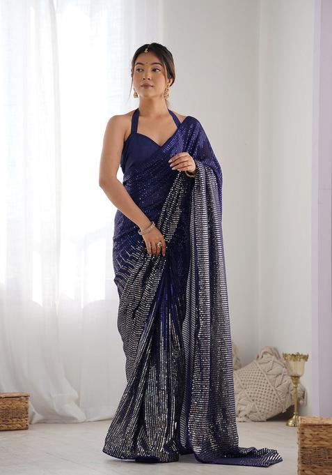 Blue Embellished Georgette Saree Set