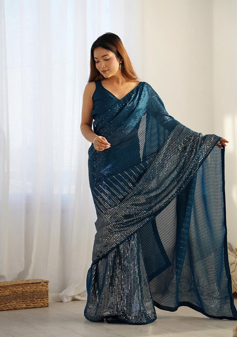Teal Embellished Georgette Saree Set - Indya