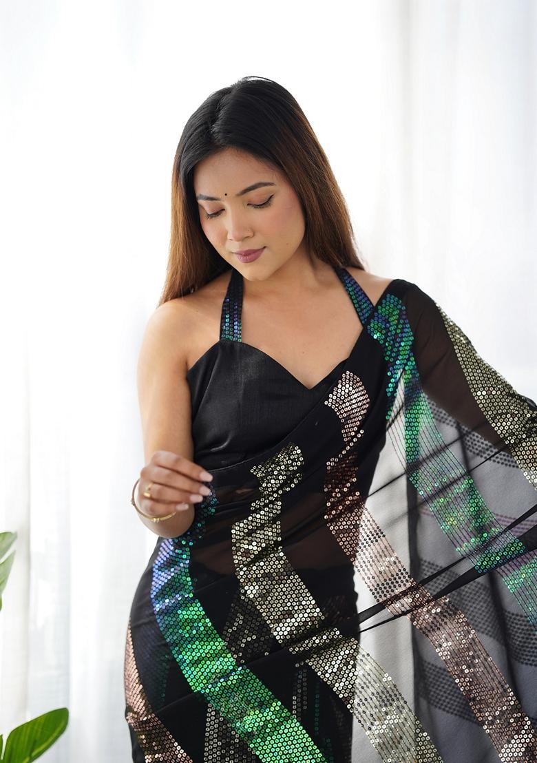 Black Embellished Georgette Saree Set - Indya