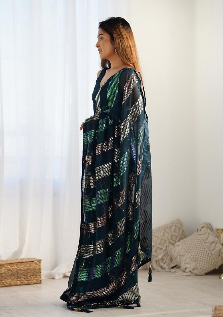 Teal Embellished Georgette Saree Set - Indya