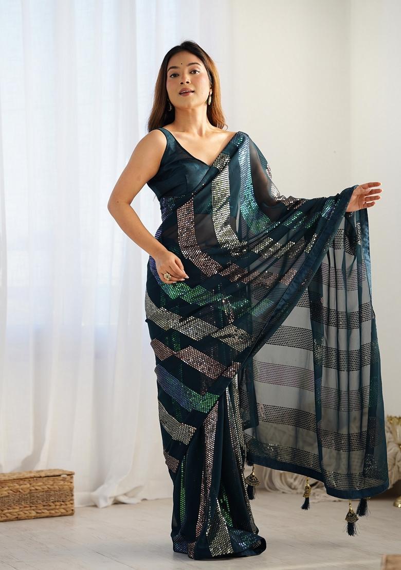 Teal Embellished Georgette Saree Set - Indya