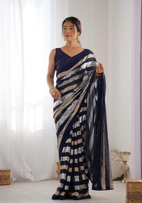 Navy Blue Embellished Georgette Saree Set