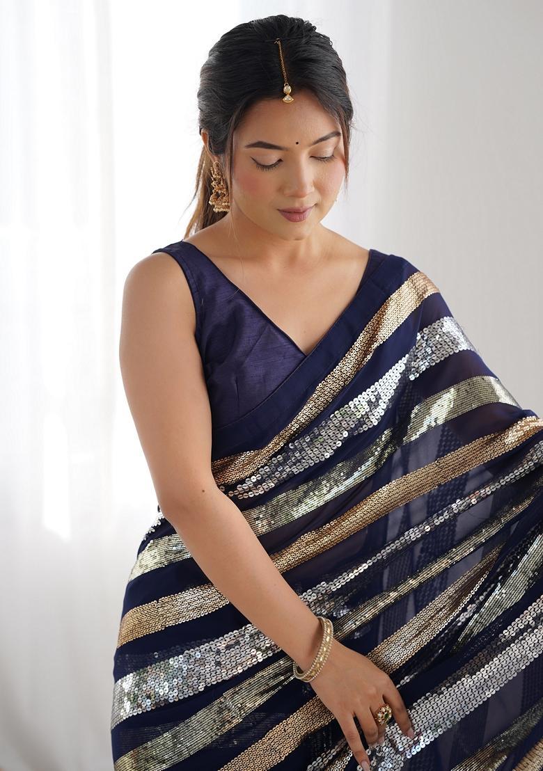Navy Blue Embellished Georgette Saree Set - Indya