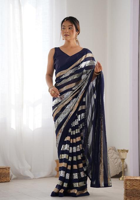 Navy Blue Embellished Georgette Saree Set
