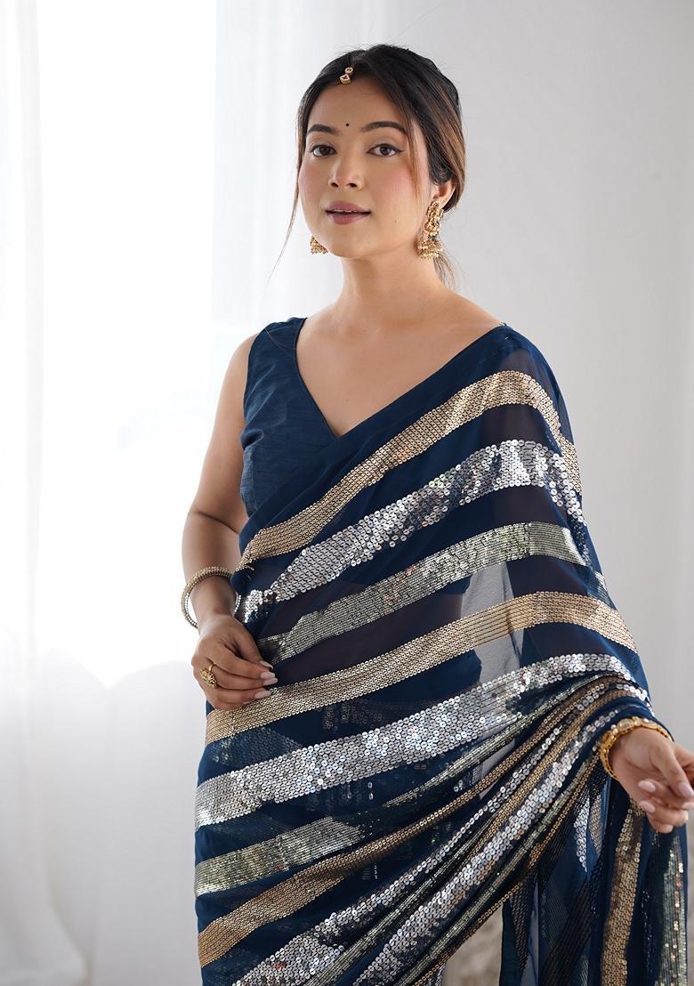 Teal Embellished Georgette Saree Set - Indya