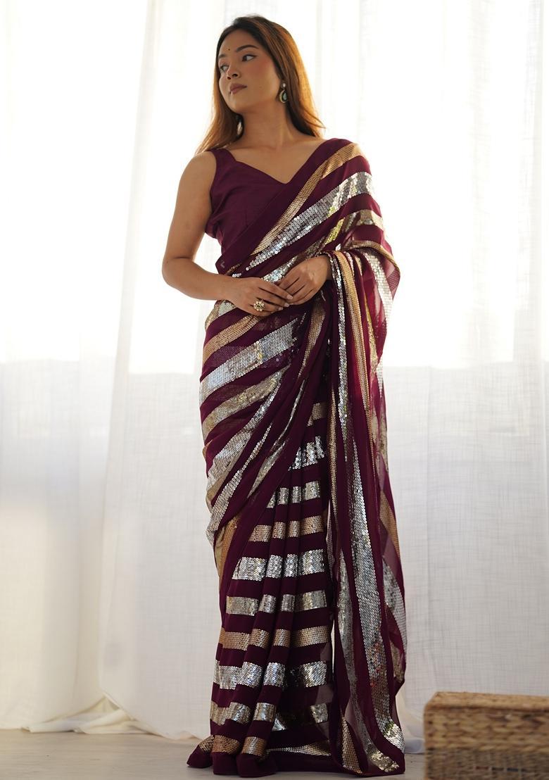 Wine Embellished Georgette Saree Set - Indya