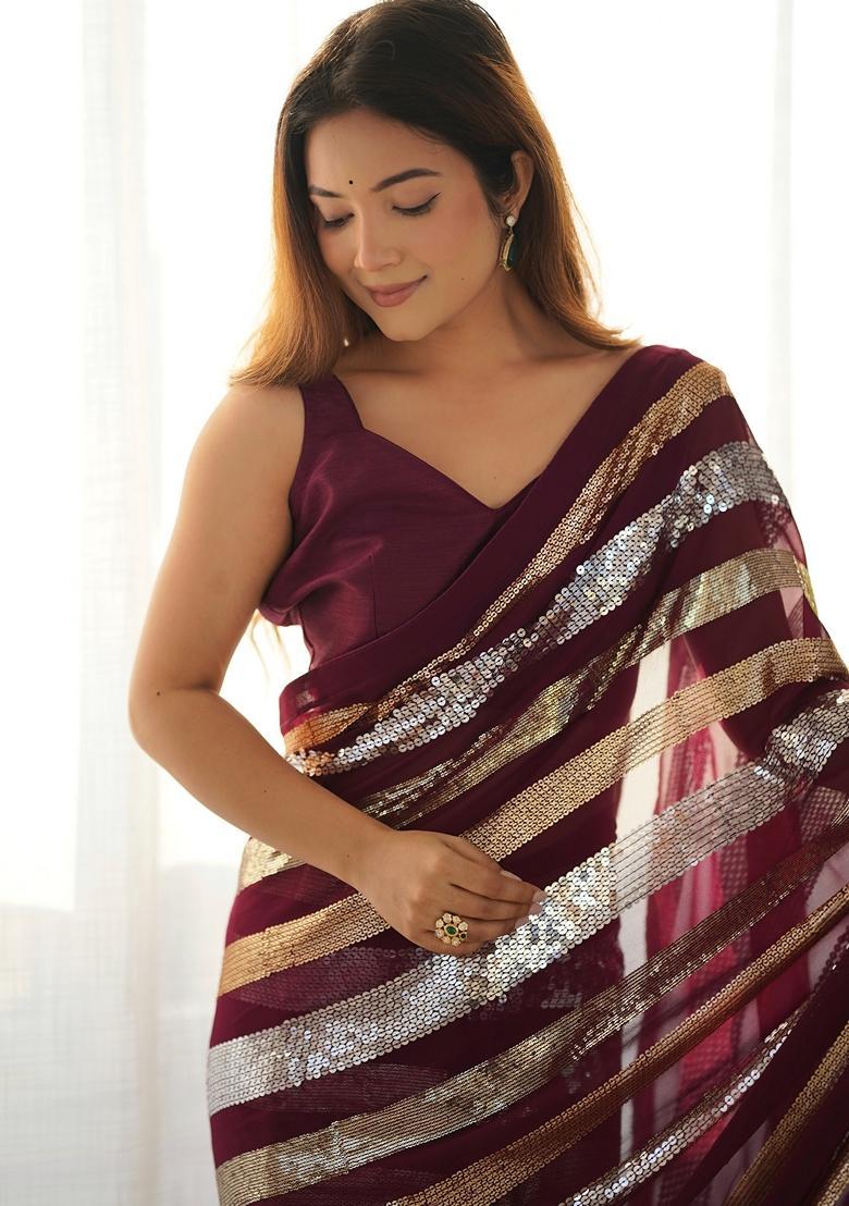 Wine Embellished Georgette Saree Set - Indya