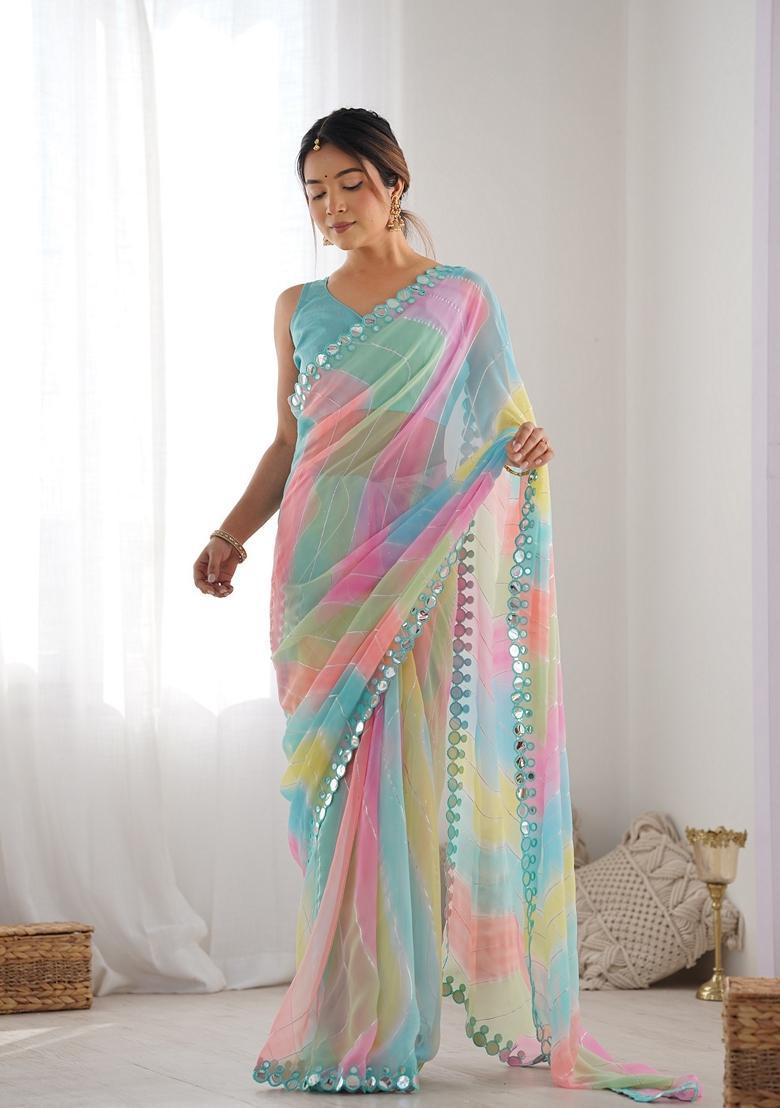 Multicolor Embellished Georgette Saree Set - Indya