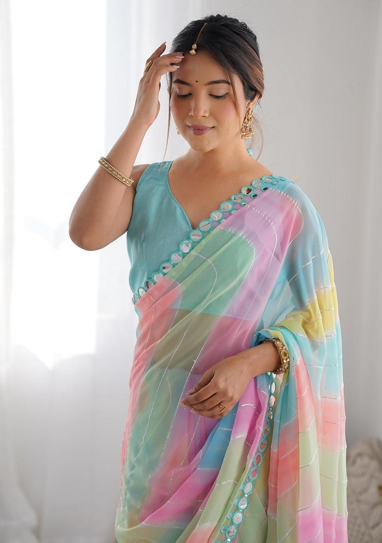Multicolor Embellished Georgette Saree Set - Indya