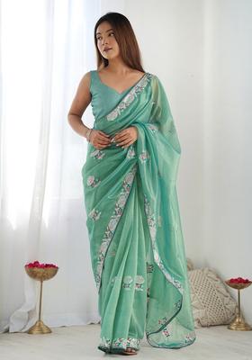 Green Embellished Net Saree Set