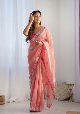 Peach Embellished Net Saree Set