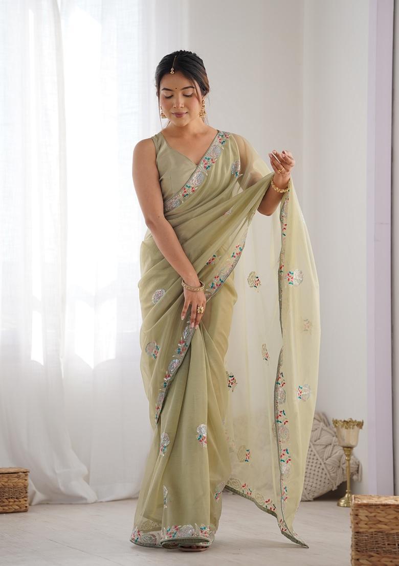 Green Embellished Net Saree Set - Indya
