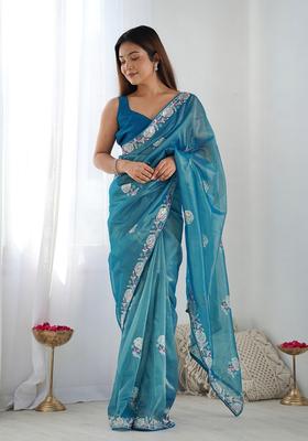 Aqua Embellished Net Saree Set