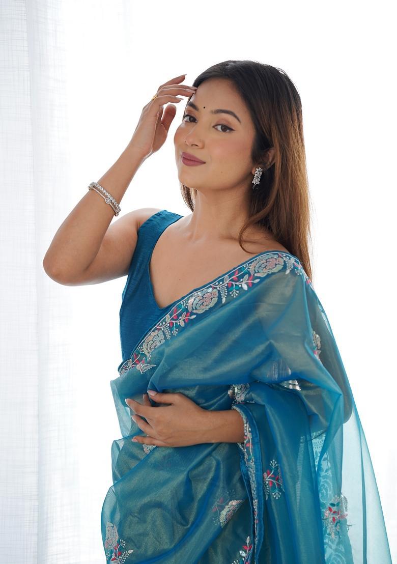 Aqua Embellished Net Saree Set - Indya