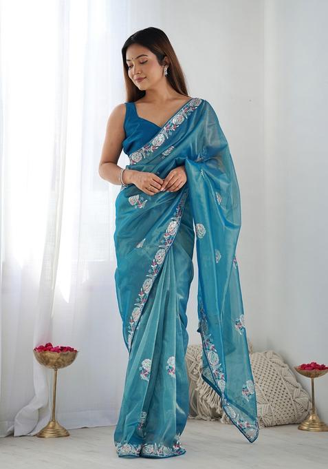 Aqua Embellished Net Saree Set