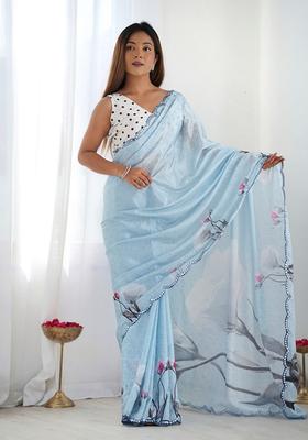 Aqua Embellished Chinon Saree Set