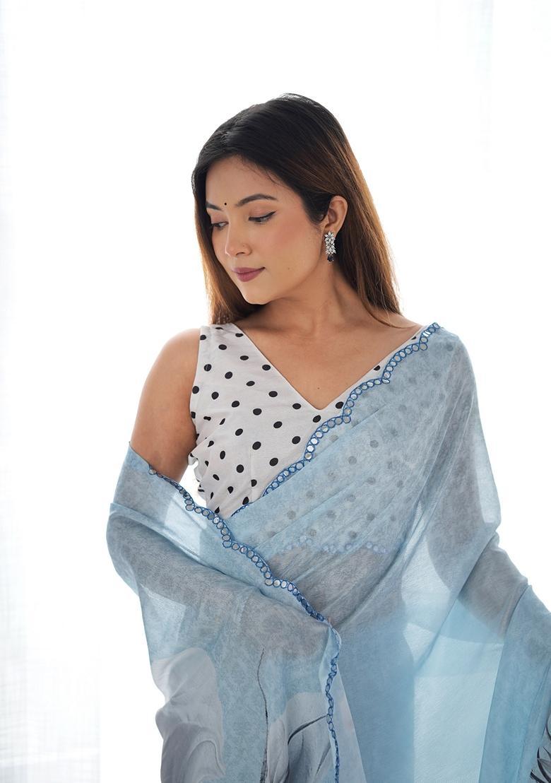 Aqua Embellished Chinon Saree Set - Indya