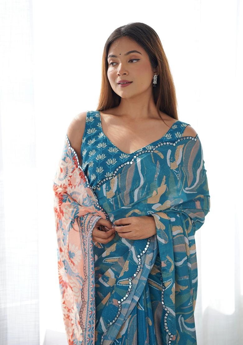 Teal Embellished Chinon Saree Set - Indya