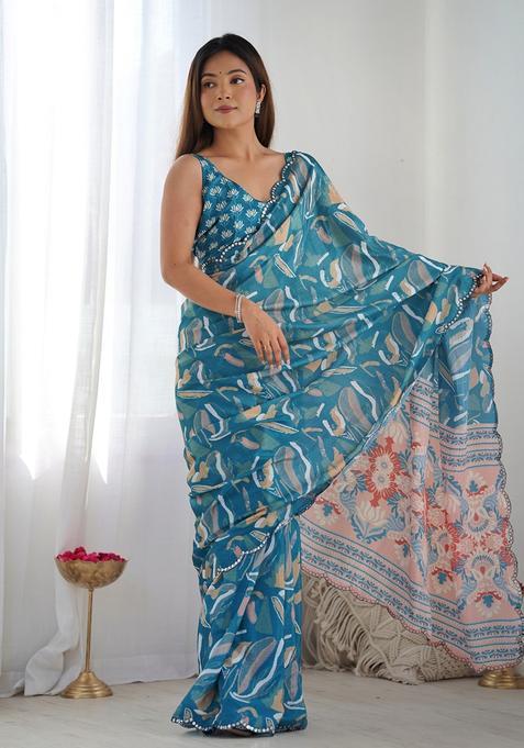 Teal Embellished Chinon Saree Set