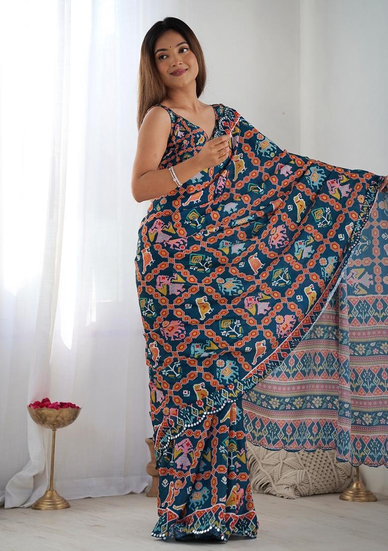 Blue Embellished Chinon Saree Set - Indya