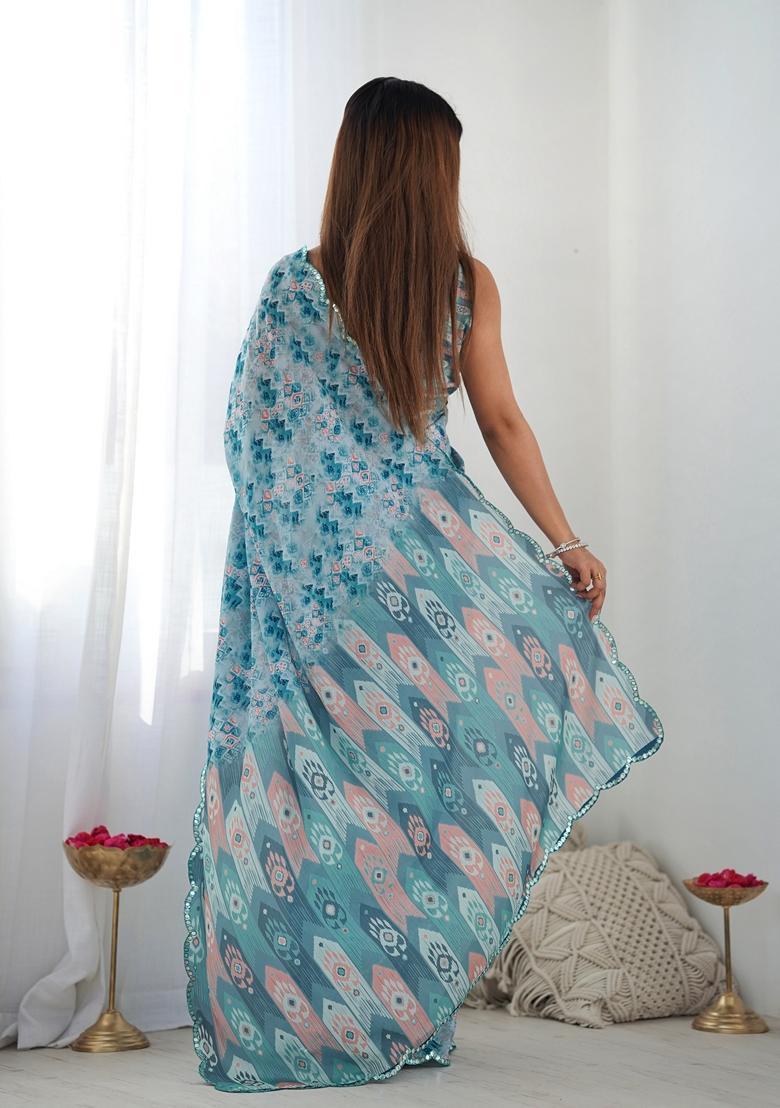 Aqua Embellished Chinon Saree Set - Indya